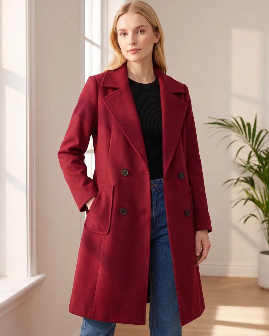 A woman in the Crimson wool-blend coat standing by a window in a bright apartment