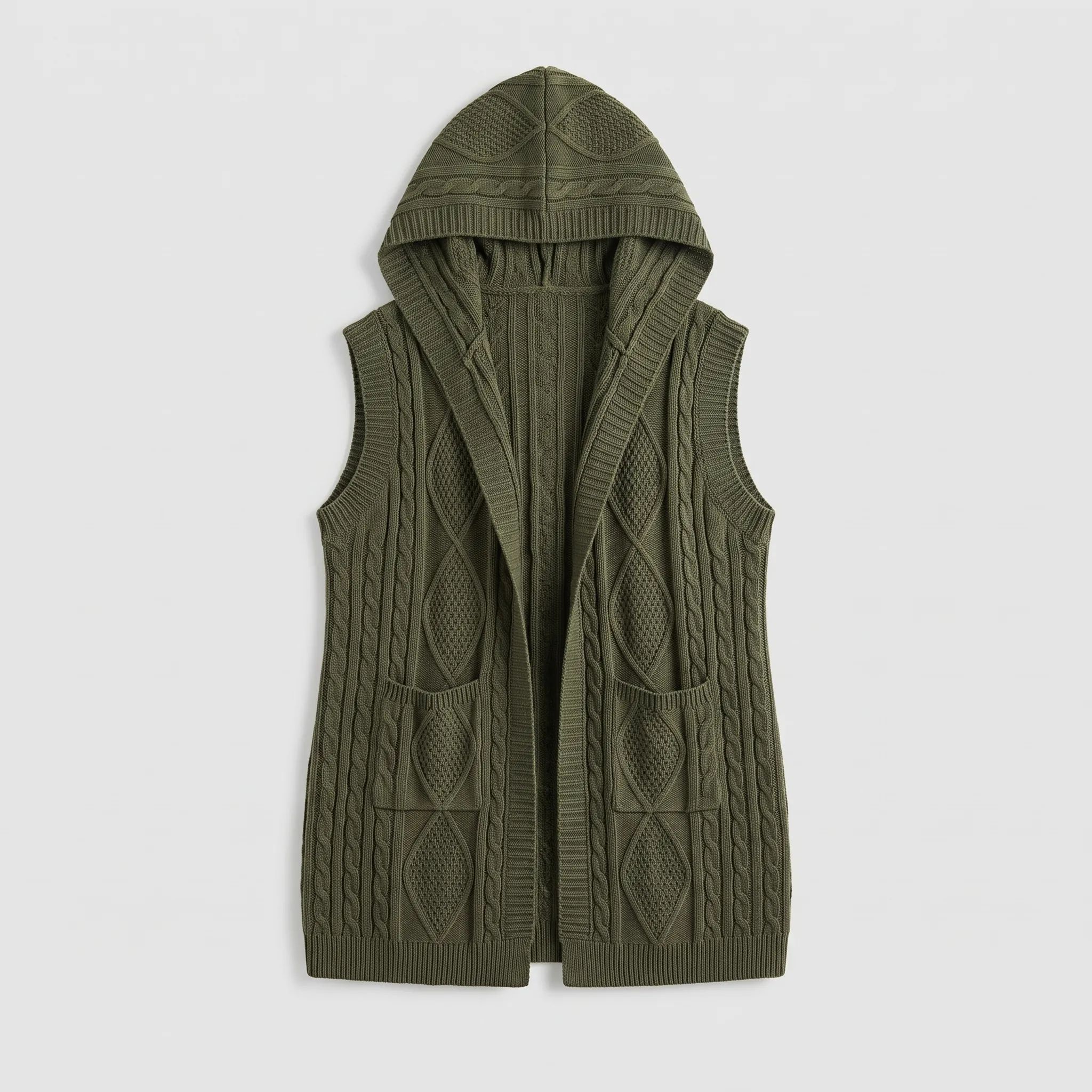 Hooded cable knit vest, army green, hood up, front