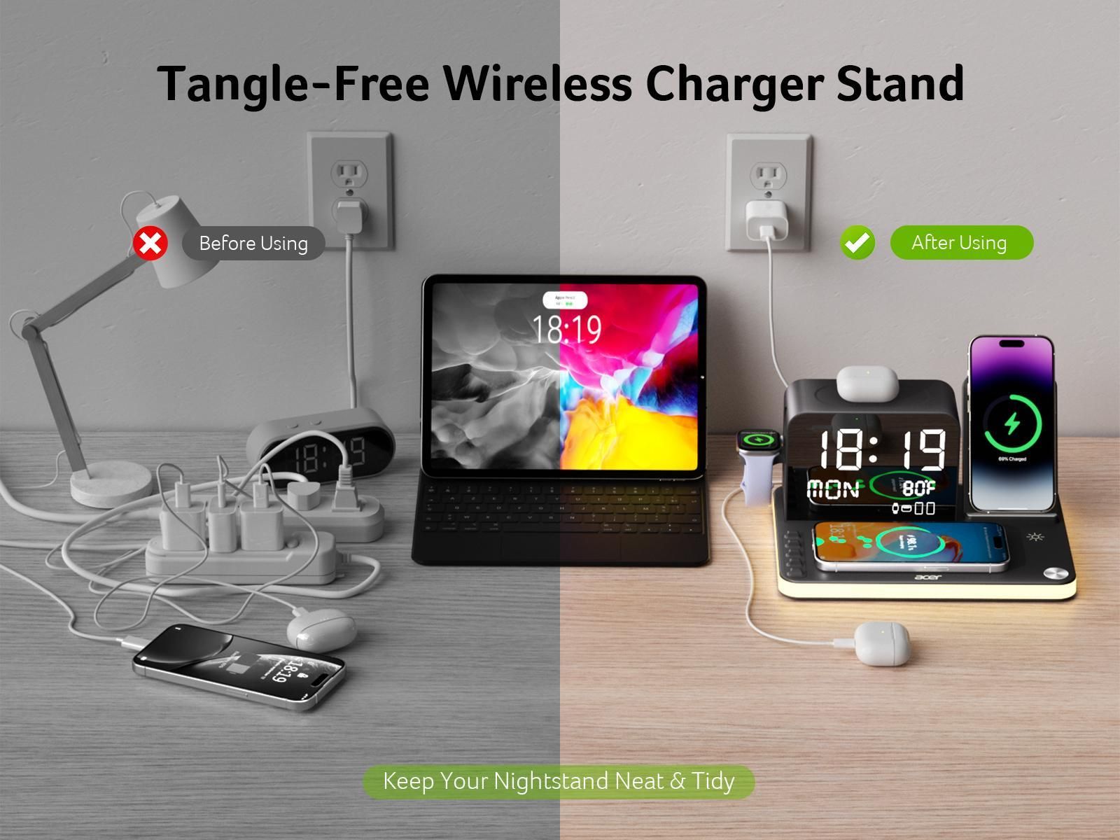 Before and after — cable clutter versus one tidy dock