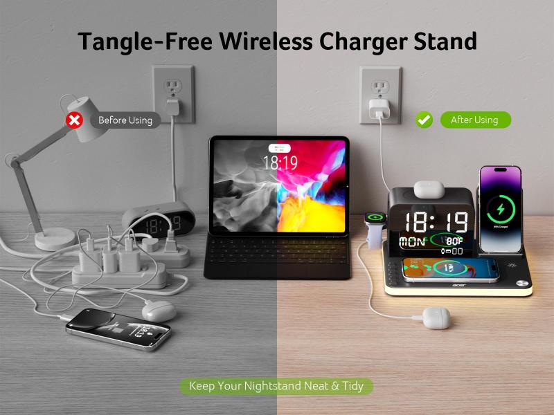 Before and after: a tangle of chargers replaced by one tidy dock