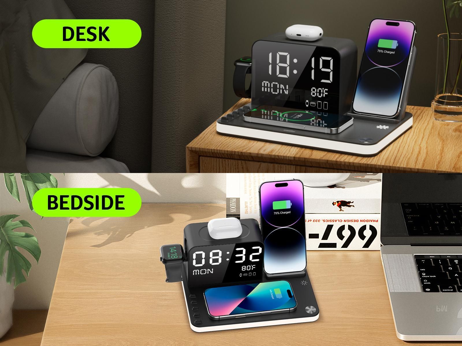 ChargeDock Plus on a desk and a bedside table