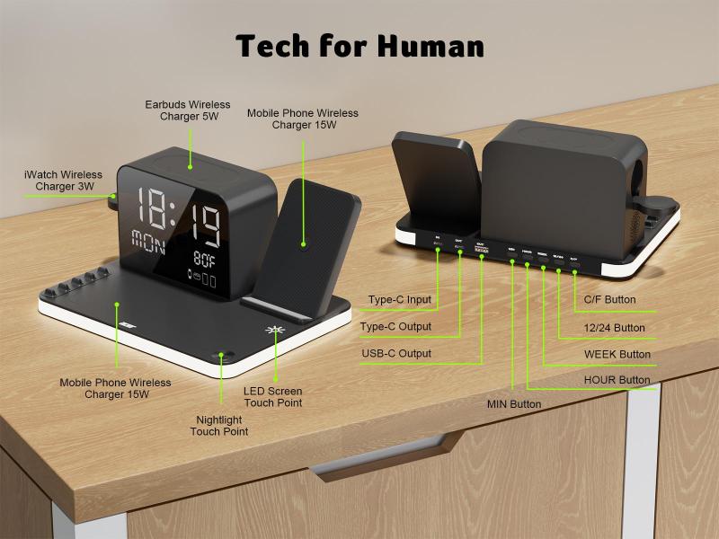 Labelled charging spots: phone 15W, earbuds 5W, watch 3W, USB ports and buttons