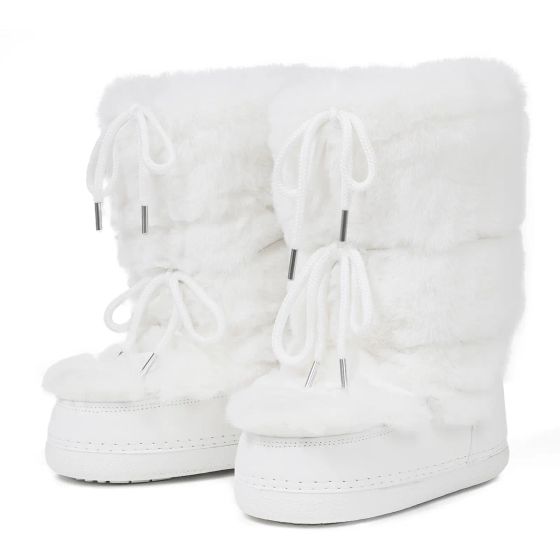 White faux fur mid-calf platform boots