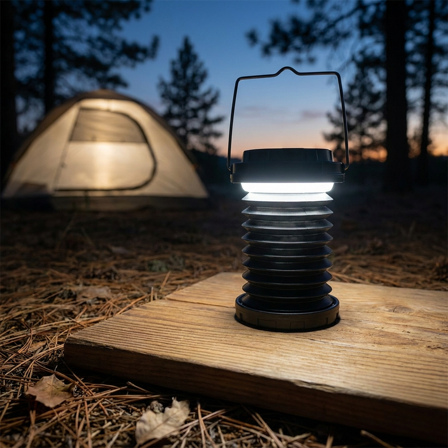 Lantern glowing on a table at a dusk campsite
