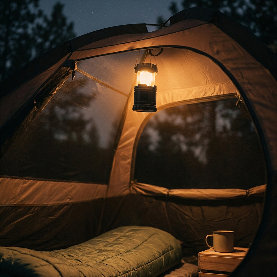 Lantern hanging inside a lit tent at night