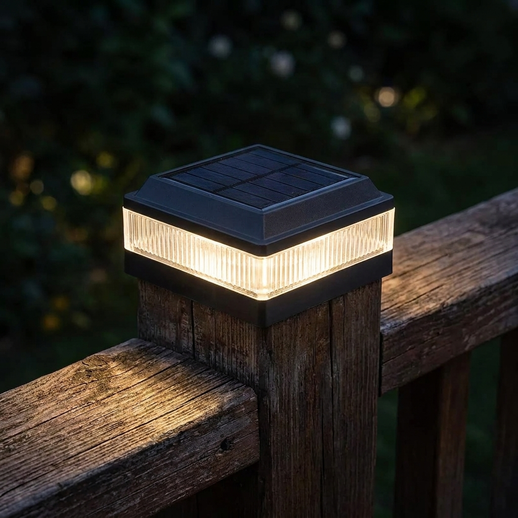 Black solar post cap glowing on a timber railing