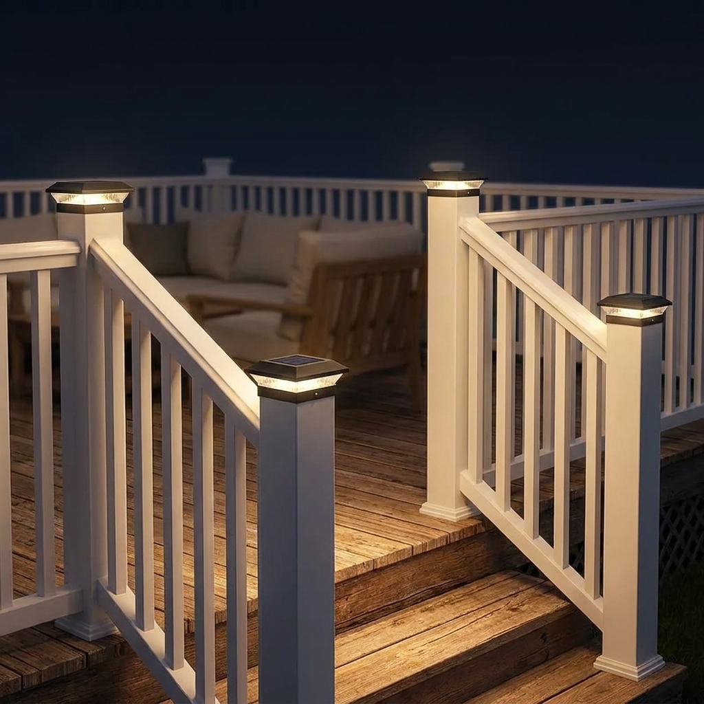 Deck corner at night lit by two post caps