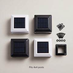 Four solar post caps with mounting screws and the removable 4x4 adapter insert