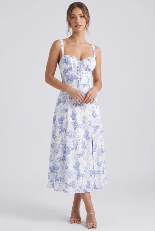 Floral midi dress in blue on model