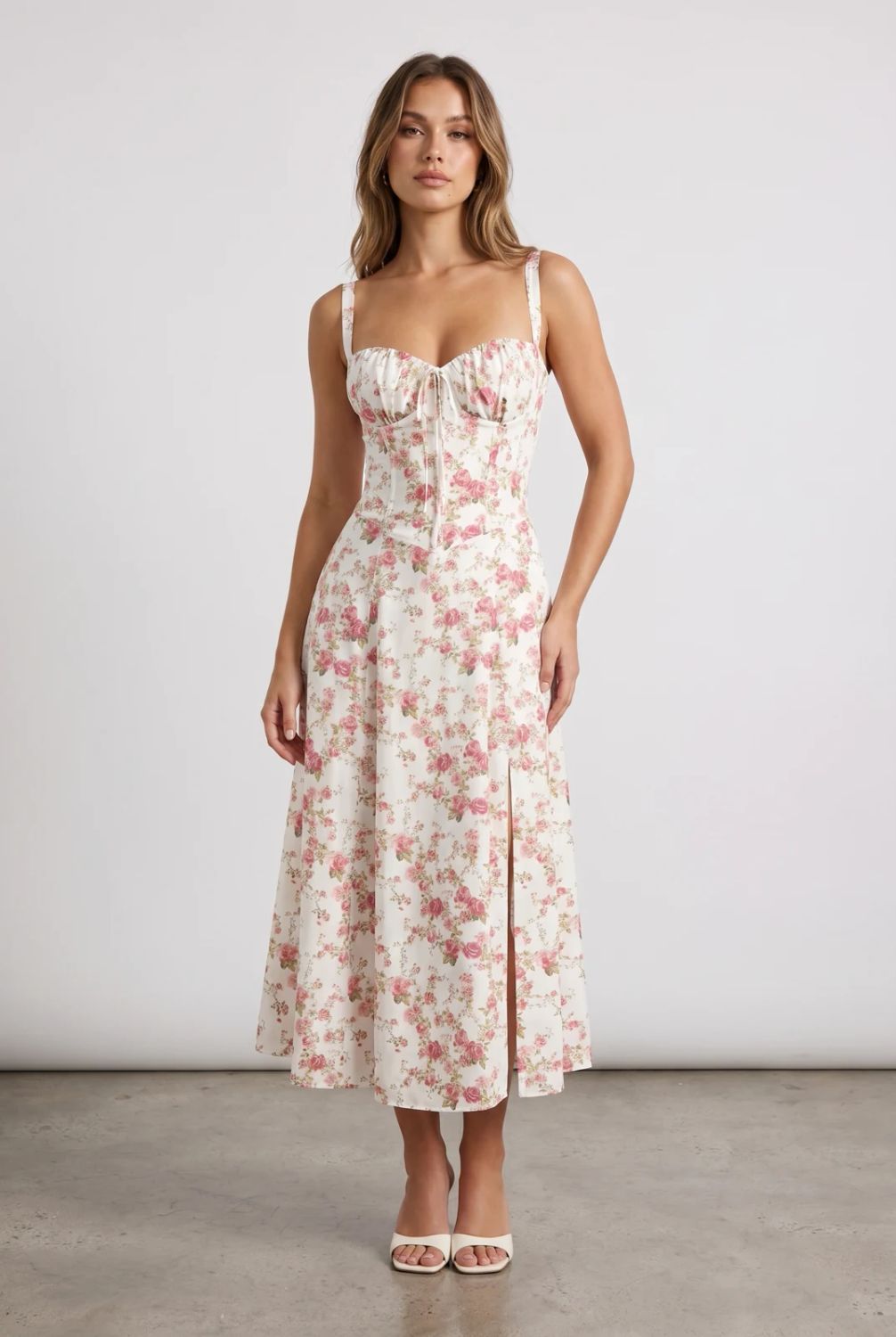 Floral Bustier Midriff Waist Shaper Dress in Pink, on model