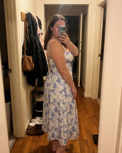 Customer photo — floral bustier midi dress in blue