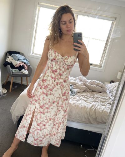 Customer photo — floral bustier midi dress in pink