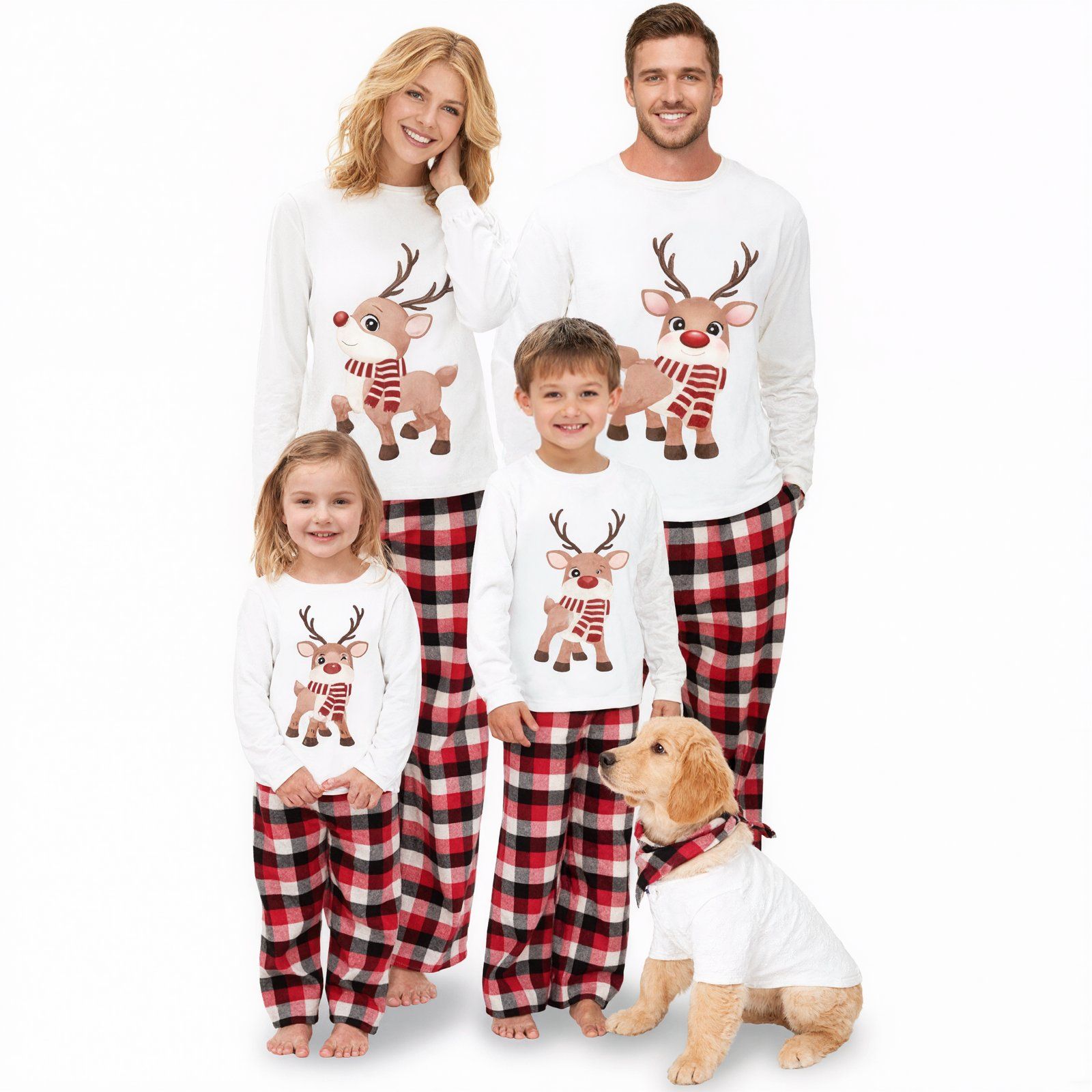 Matching family Christmas pajamas in the reindeer design