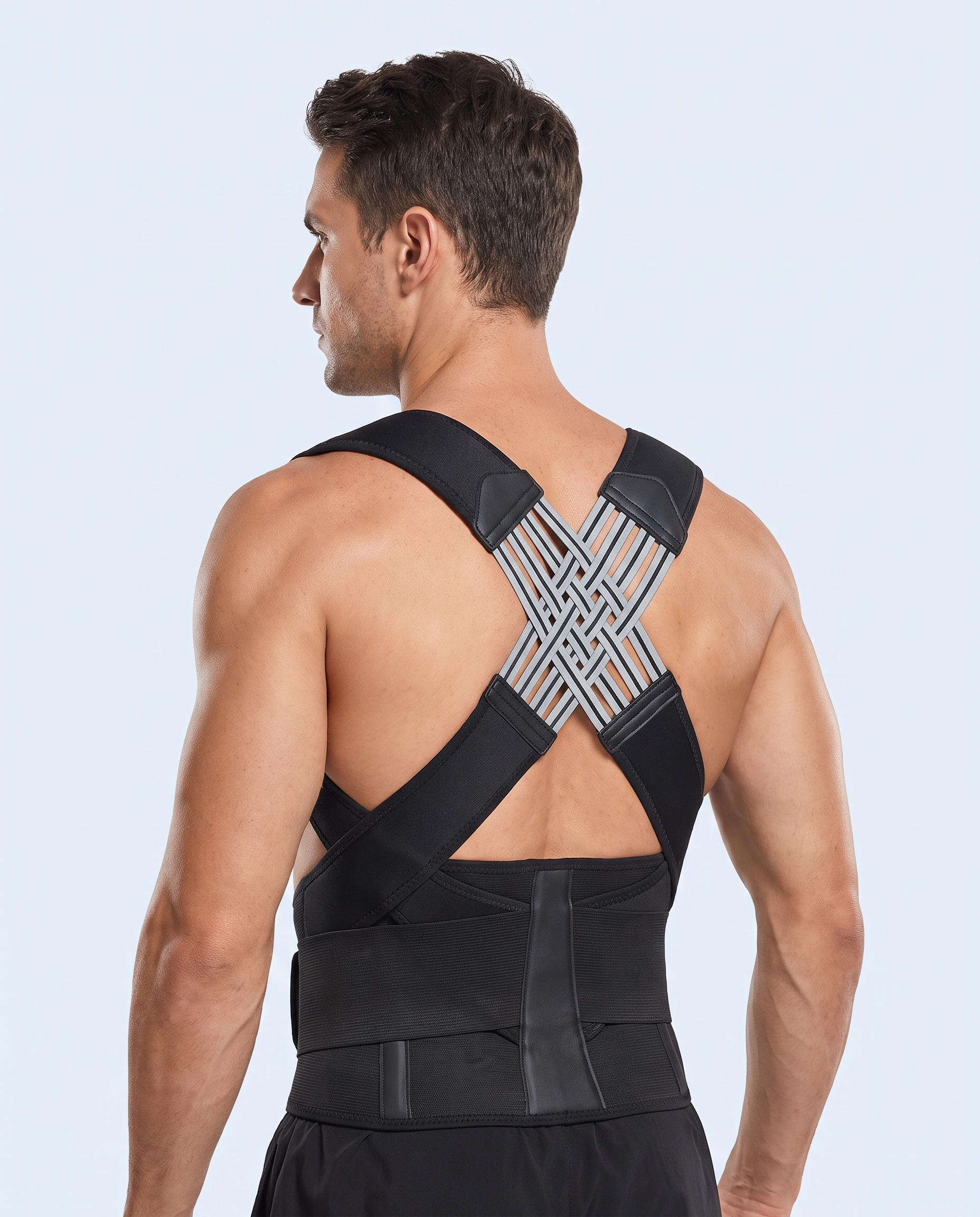 Man wearing the posture corrector, back view showing the cross-back straps