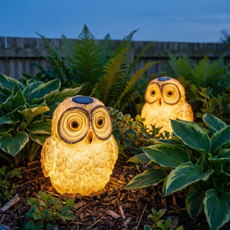 Hand-finished resin owl sitting in a planted border in daylight