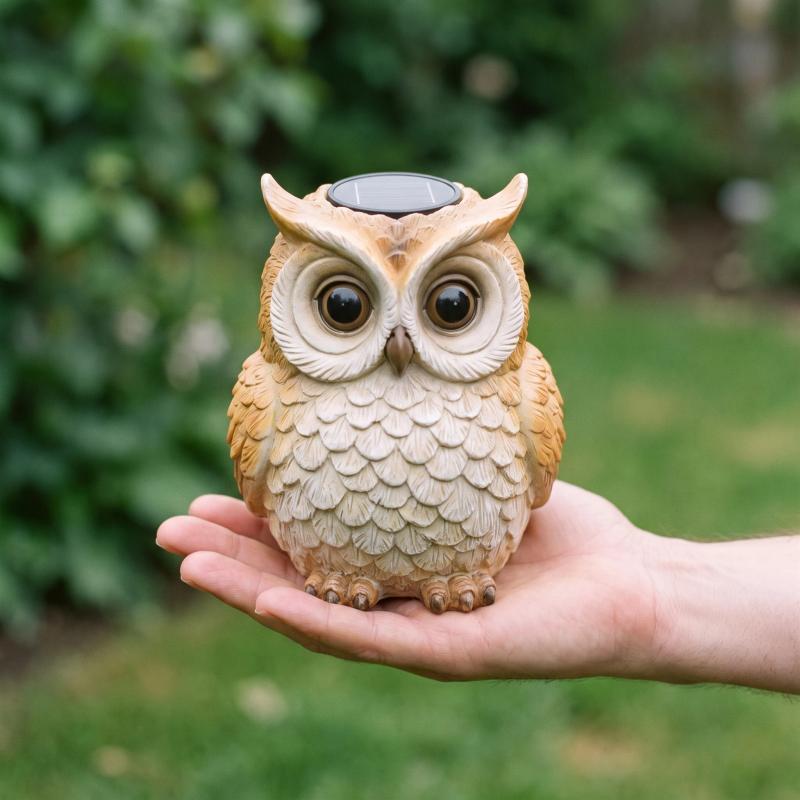 Solar owl light shown in scale in a garden