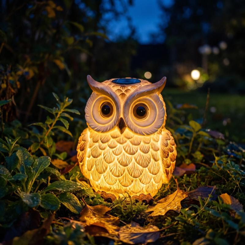 Resin owl glowing warm amber from within after dark