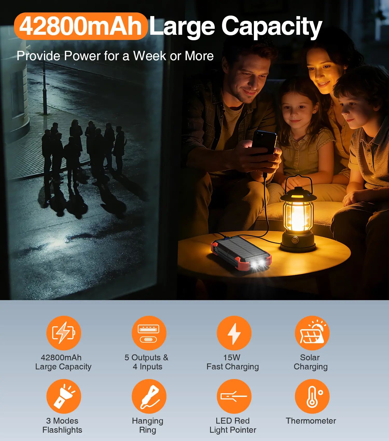 Family using the 42800mAh solar power bank to run a lantern and charge a phone
