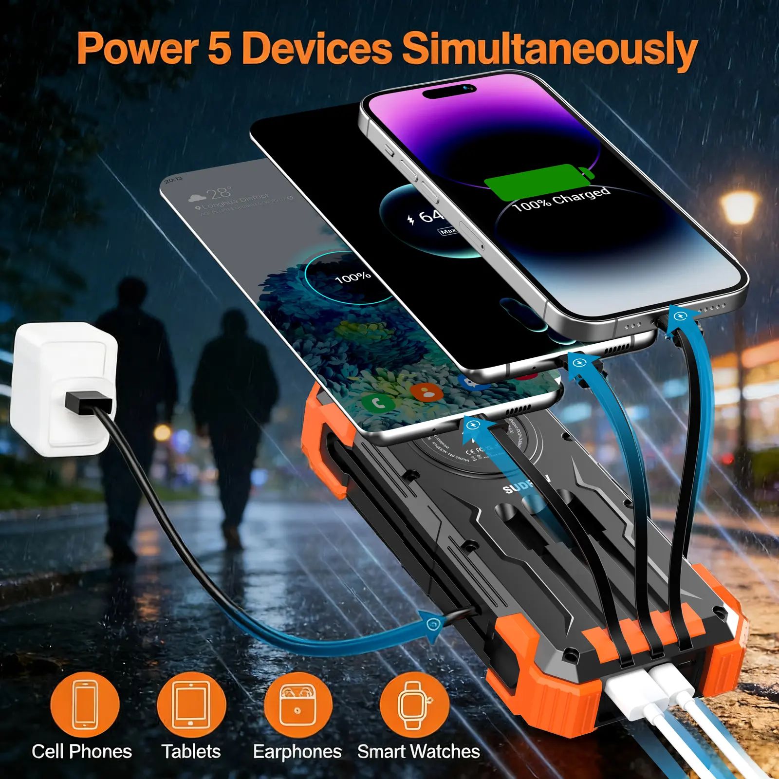 Charging five devices simultaneously from the solar power bank
