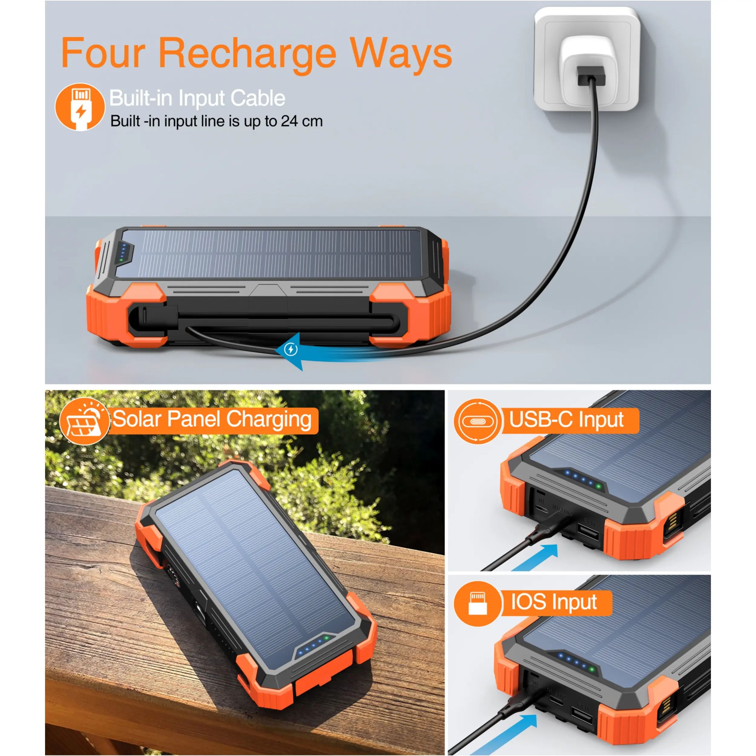 Four ways to recharge: wall, USB-C, iOS input and solar panel