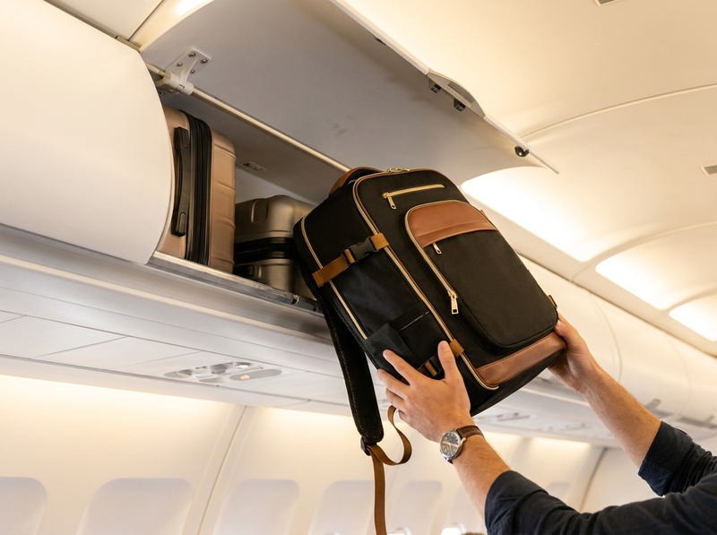 Placing the JetReady backpack in an airplane overhead bin