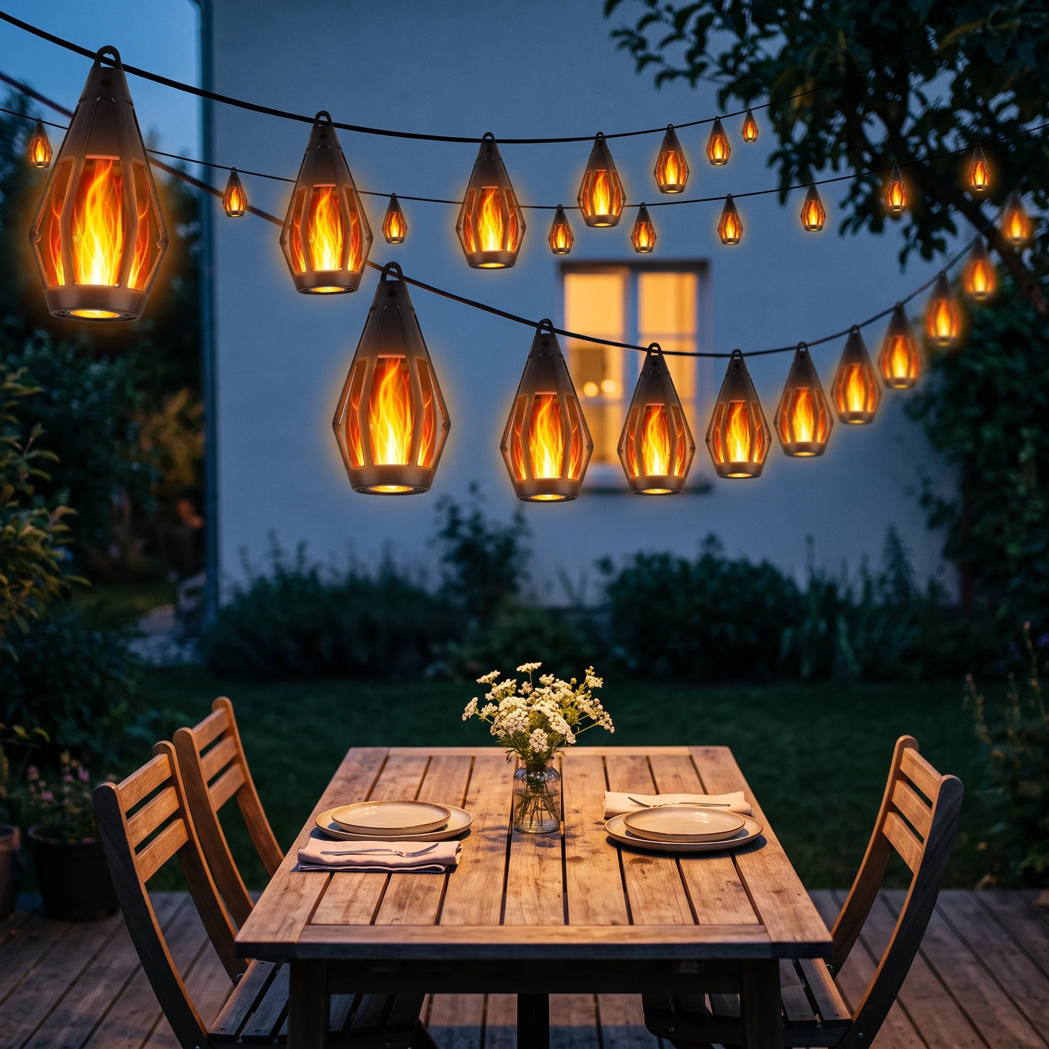 Flame string lights swagged above a backyard deck dining table at dusk