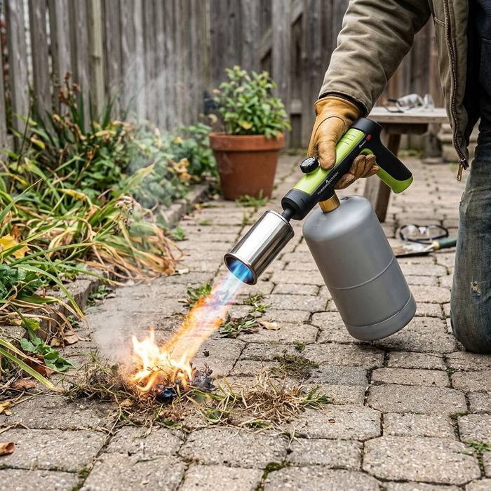 Gloved hand holding the green flame torch, adjustable flame control visible