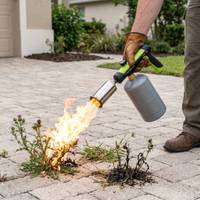 Flame torch killing driveway weeds