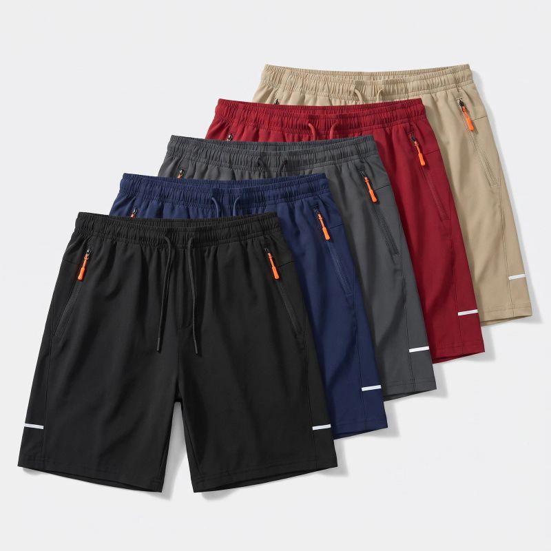 The five pairs fanned out showing black, navy, dark gray, red and khaki
