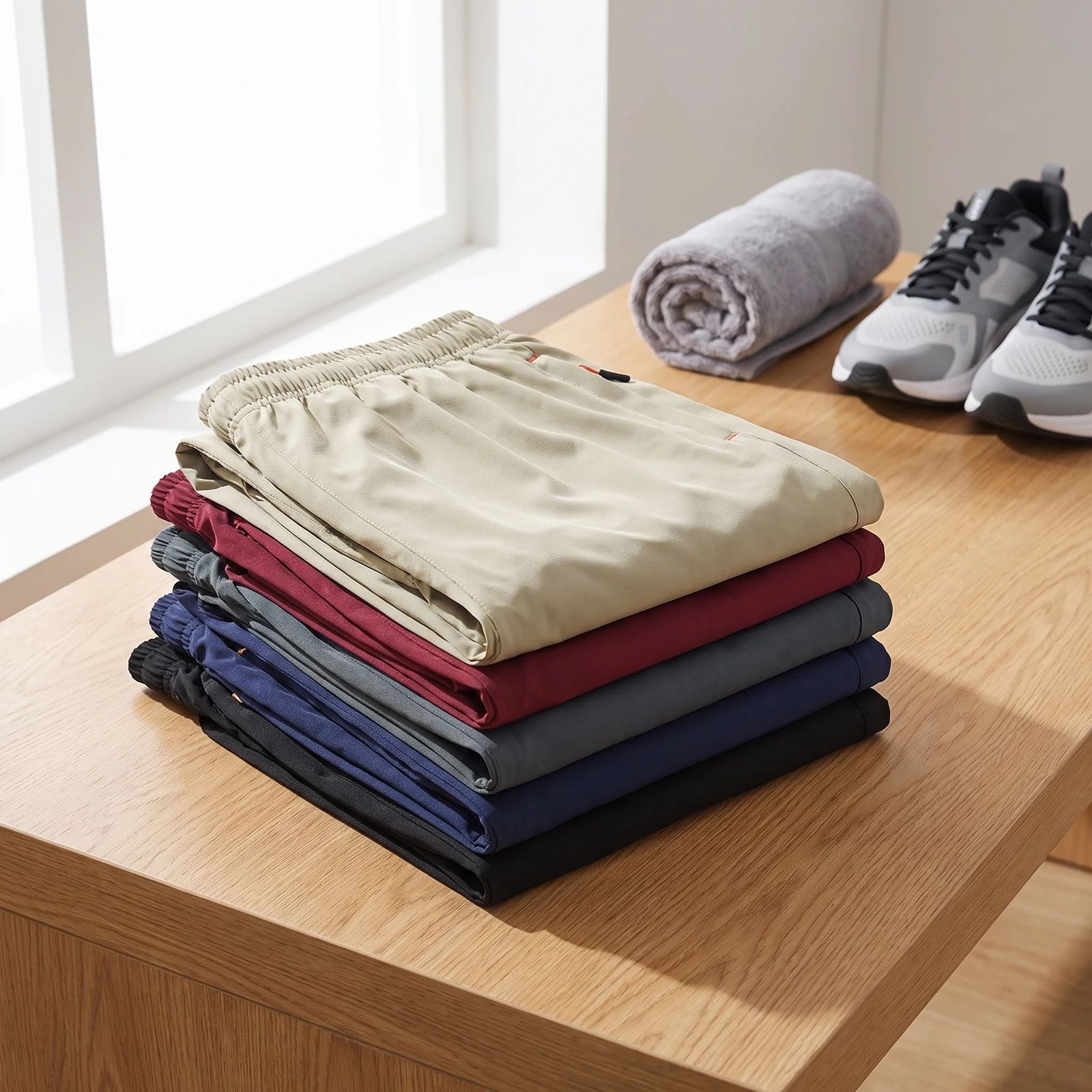 Five folded pairs stacked on a bench