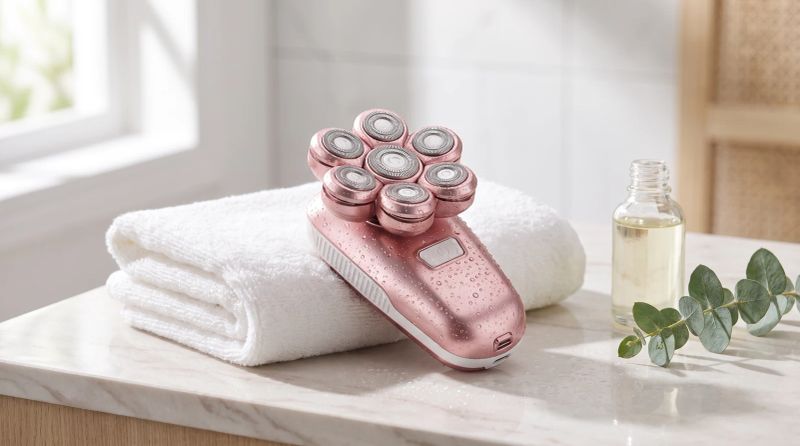 The rose gold shaver on a folded white towel, beaded with water, next to a bottle of pre-shave oil