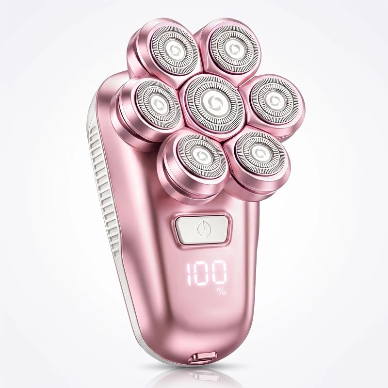 Close view of the seven floating rotary heads on the rose gold shaver