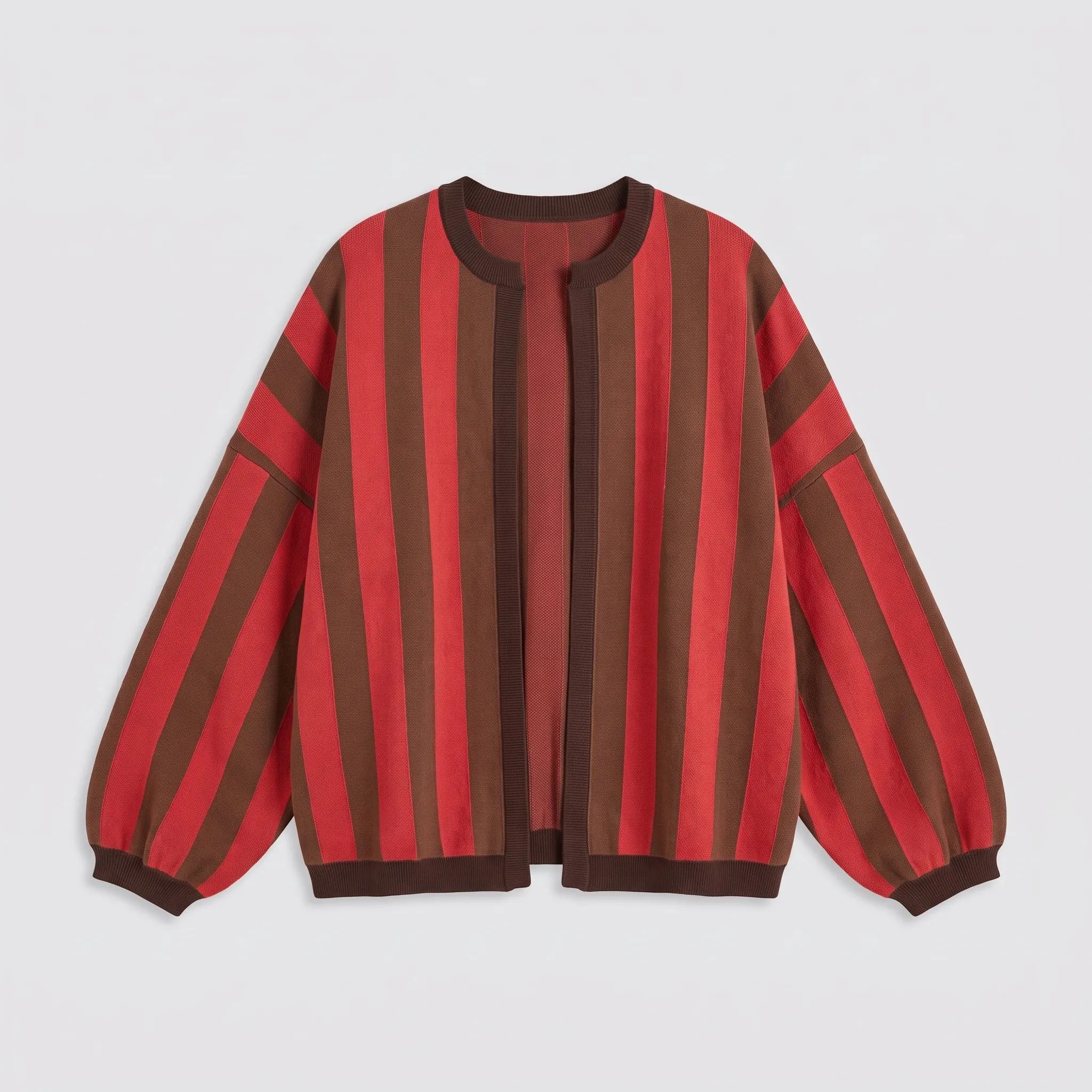 Red striped balloon sleeve cardigan, studio front