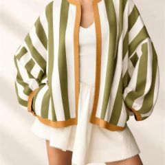 Yellow Green striped cardigan, studio front