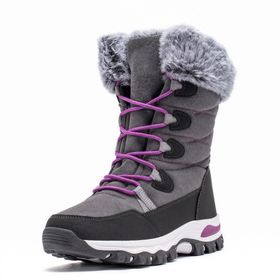 The grey faux-fur lined waterproof snow boot, three-quarter view, showing the lace-up front and the fur collar