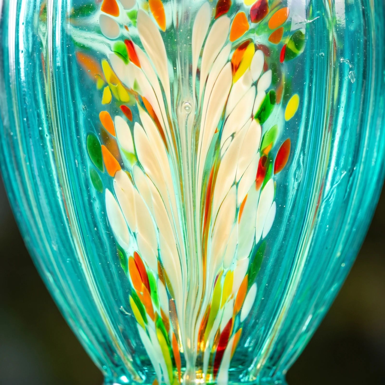 Close-up of the swirled hand-blown Murano-style art glass
