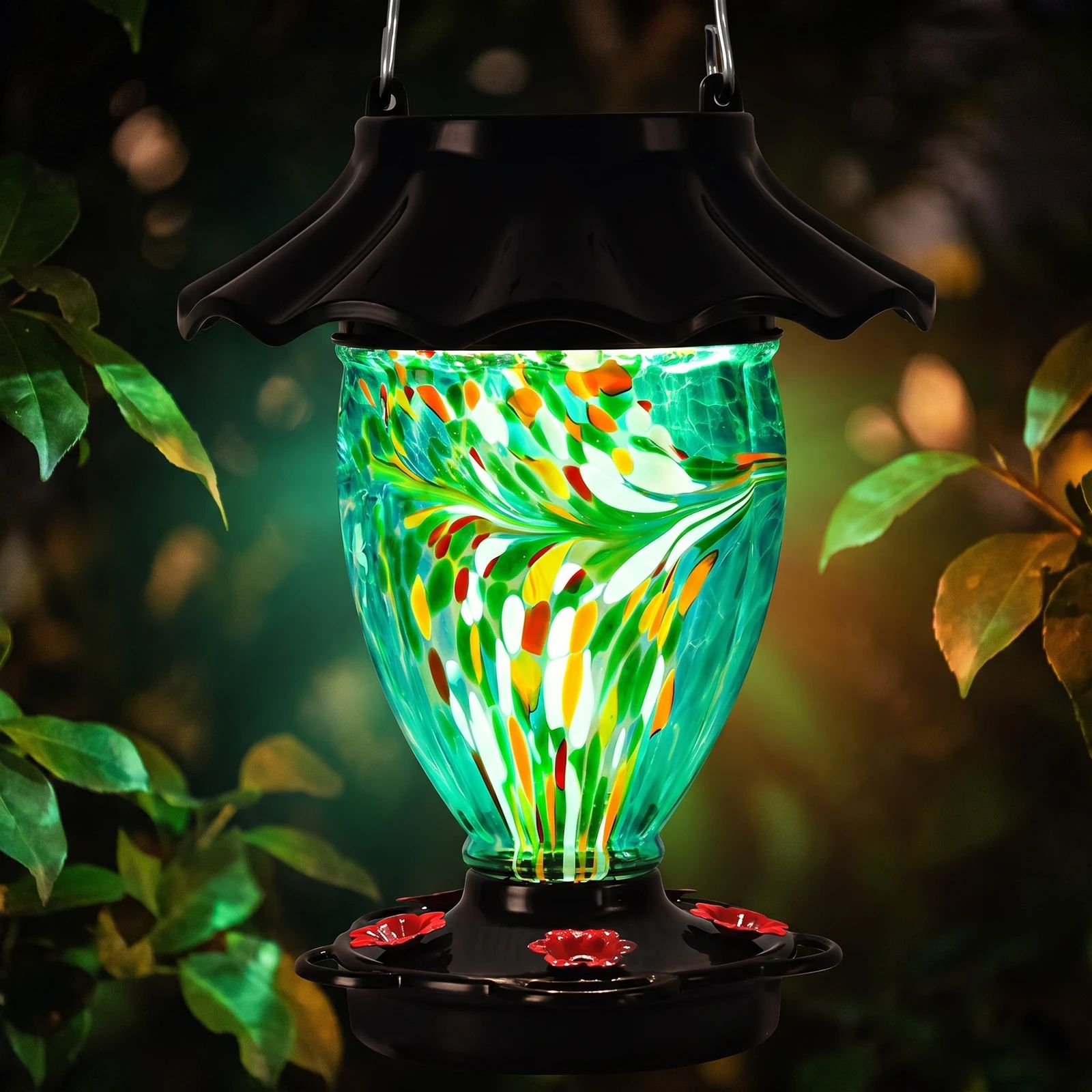 Solar hummingbird feeder glowing in rainbow RGB colors at night
