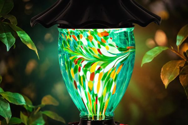 Feeder glowing in colorful RGB light at night