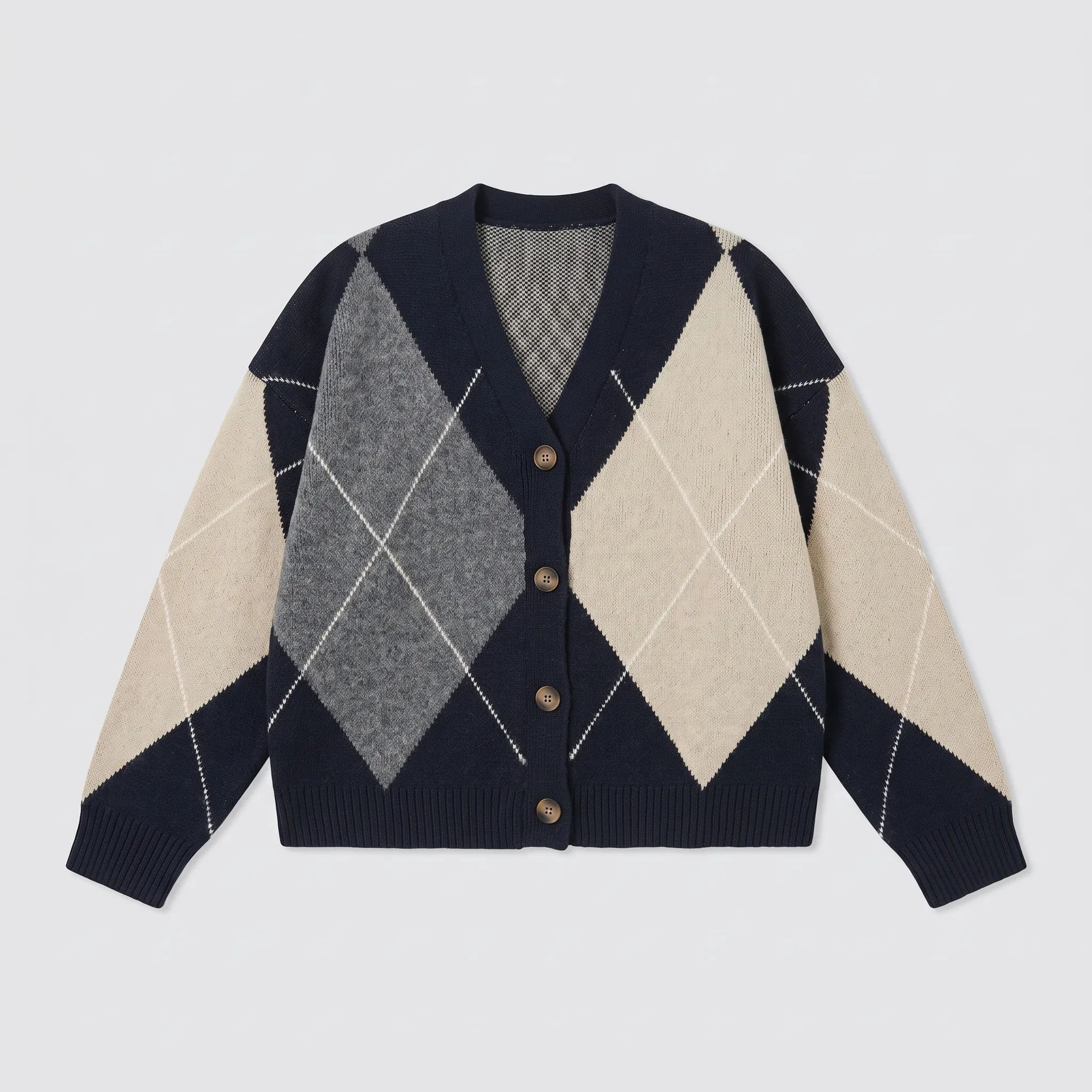 The Navy oversized argyle cardigan