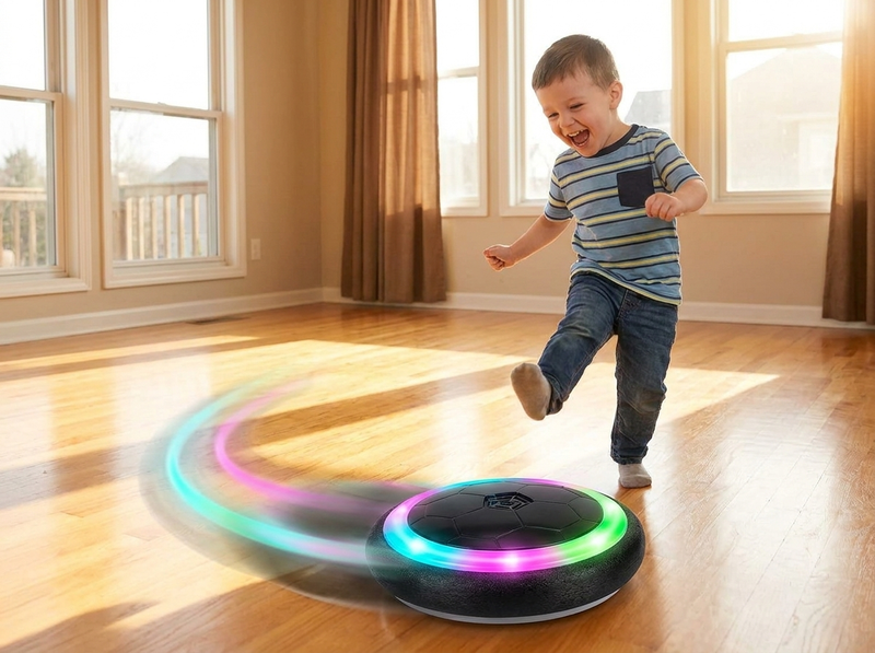 Dad and son playing hover soccer in the living room