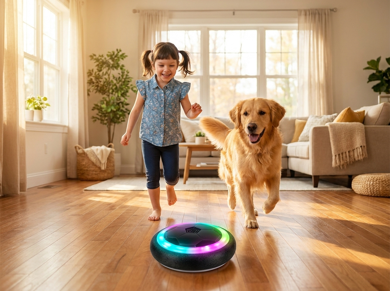 Girl and family dog chasing the hover ball