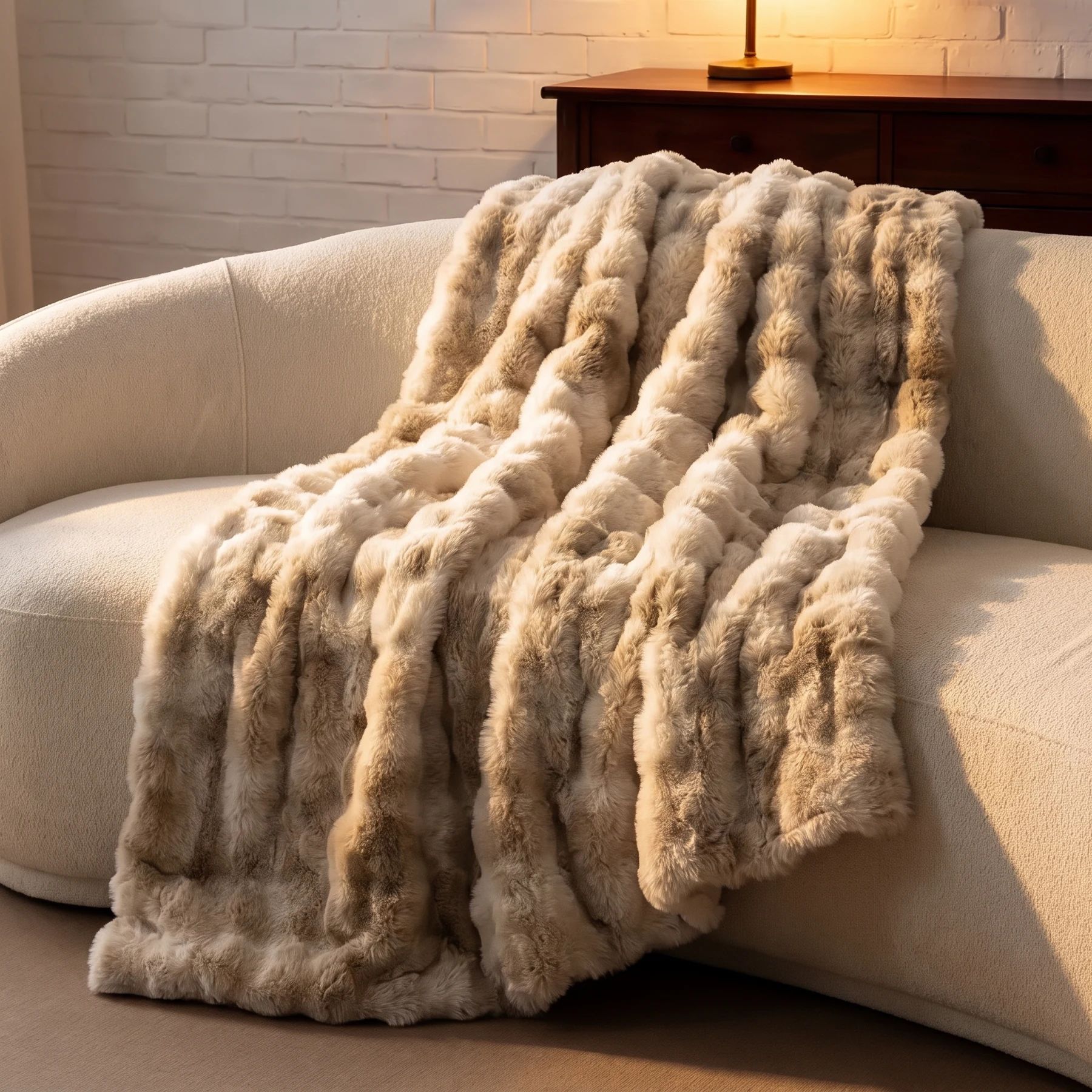 The blanket spread across a cream sofa in warm lamp light