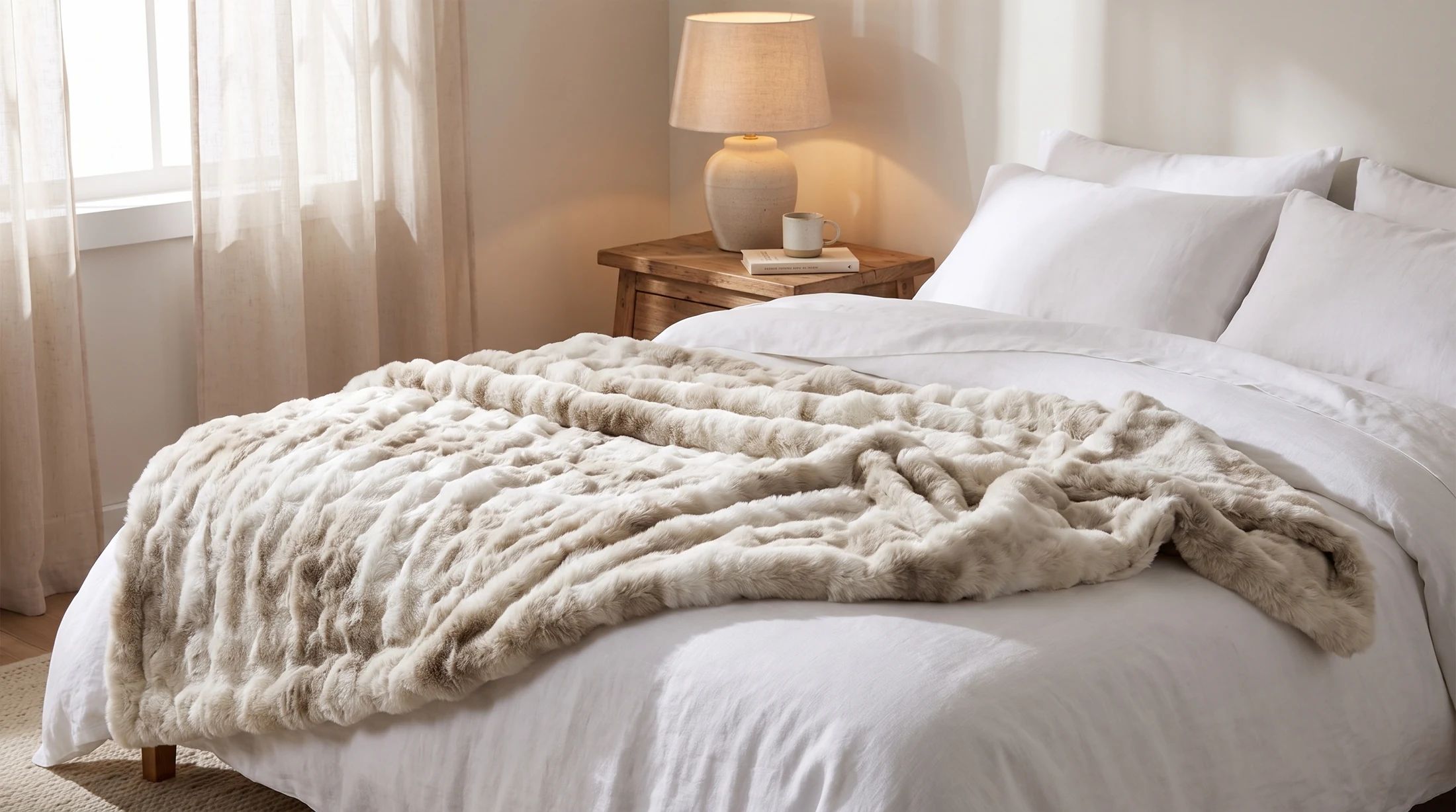 The blanket folded across the foot of a made bed in morning light