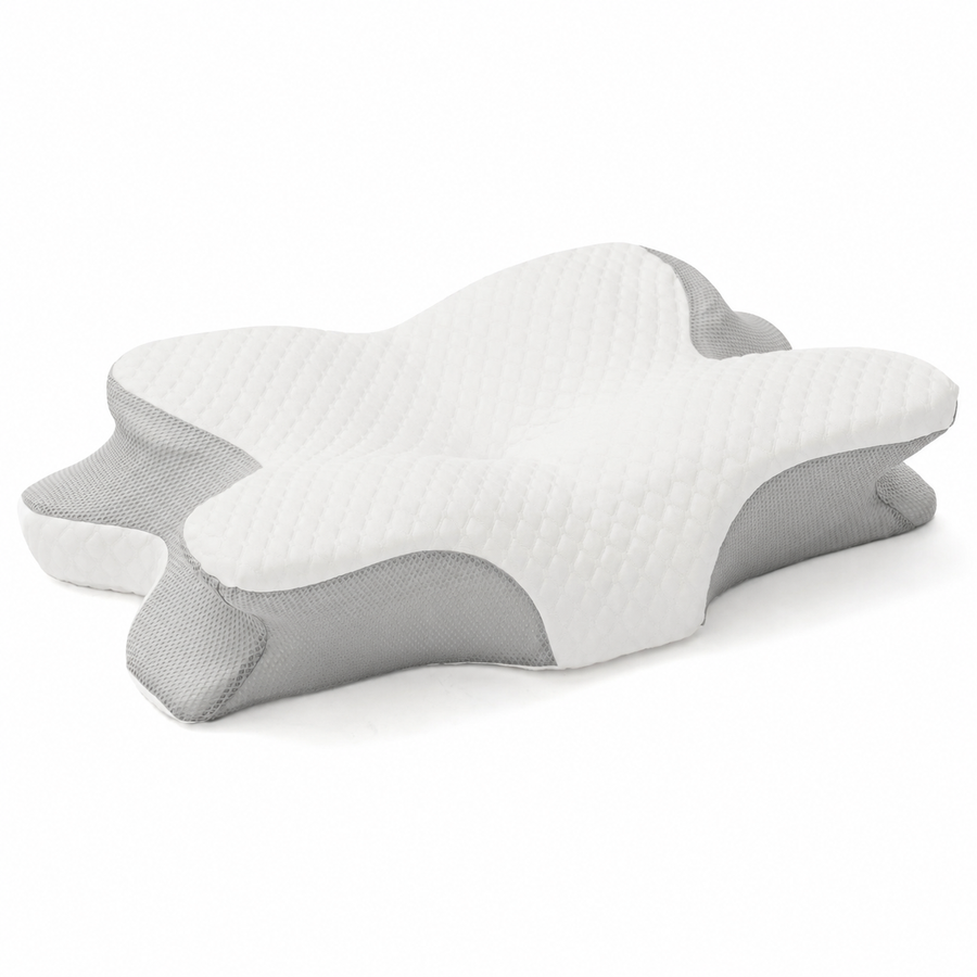 Contour memory foam cervical pillow with ergonomic butterfly shape and breathable cover