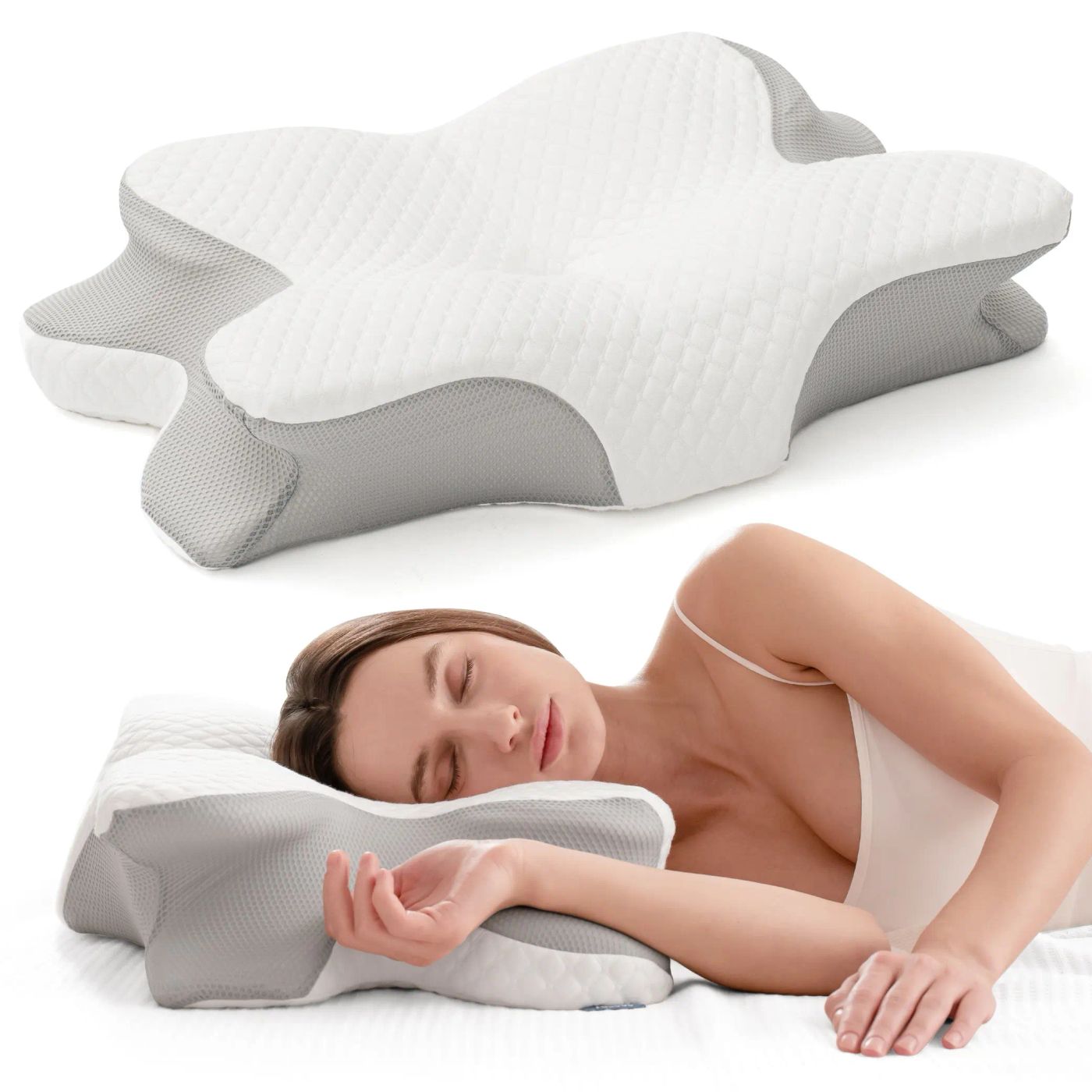 Woman sleeping peacefully with her neck supported by the cervical pillow