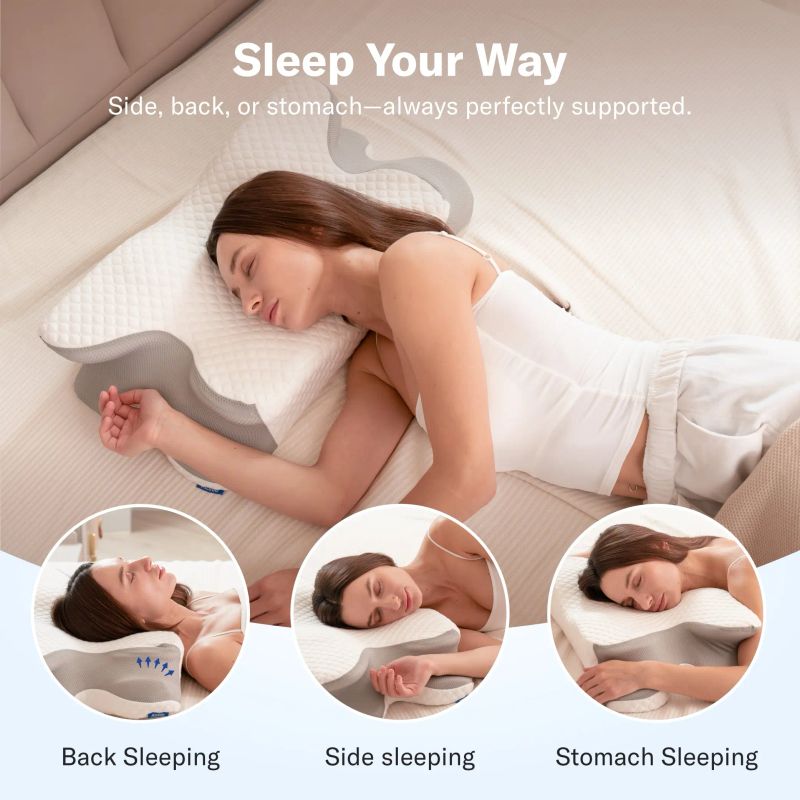 Cervical pillow supporting back, side and stomach sleepers