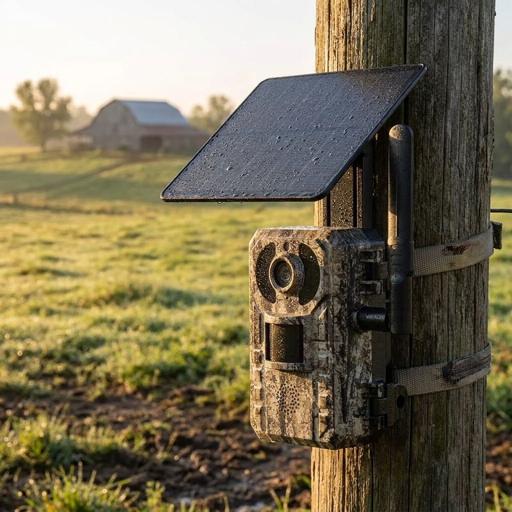 Trail camera strapped to a fence post over a field