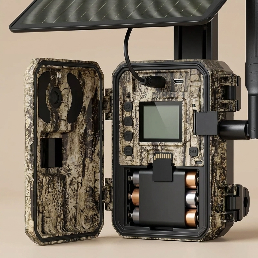 Trail camera opened showing controls and battery bay