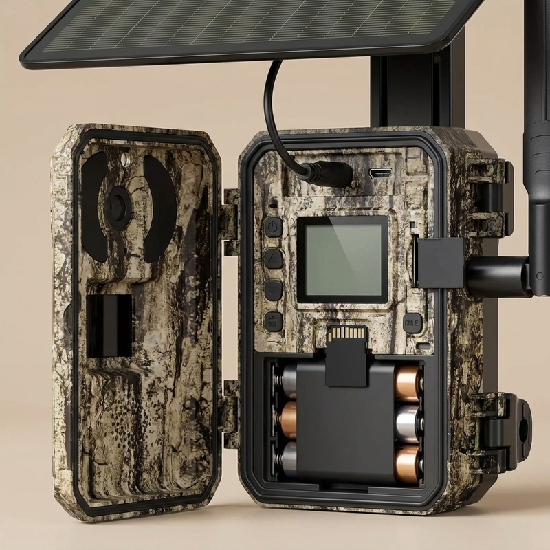 Trail camera opened showing controls and battery bay