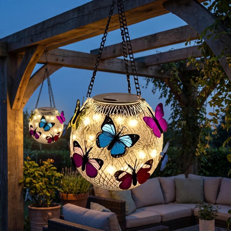 Woven metal globe lanterns hanging from a pergola